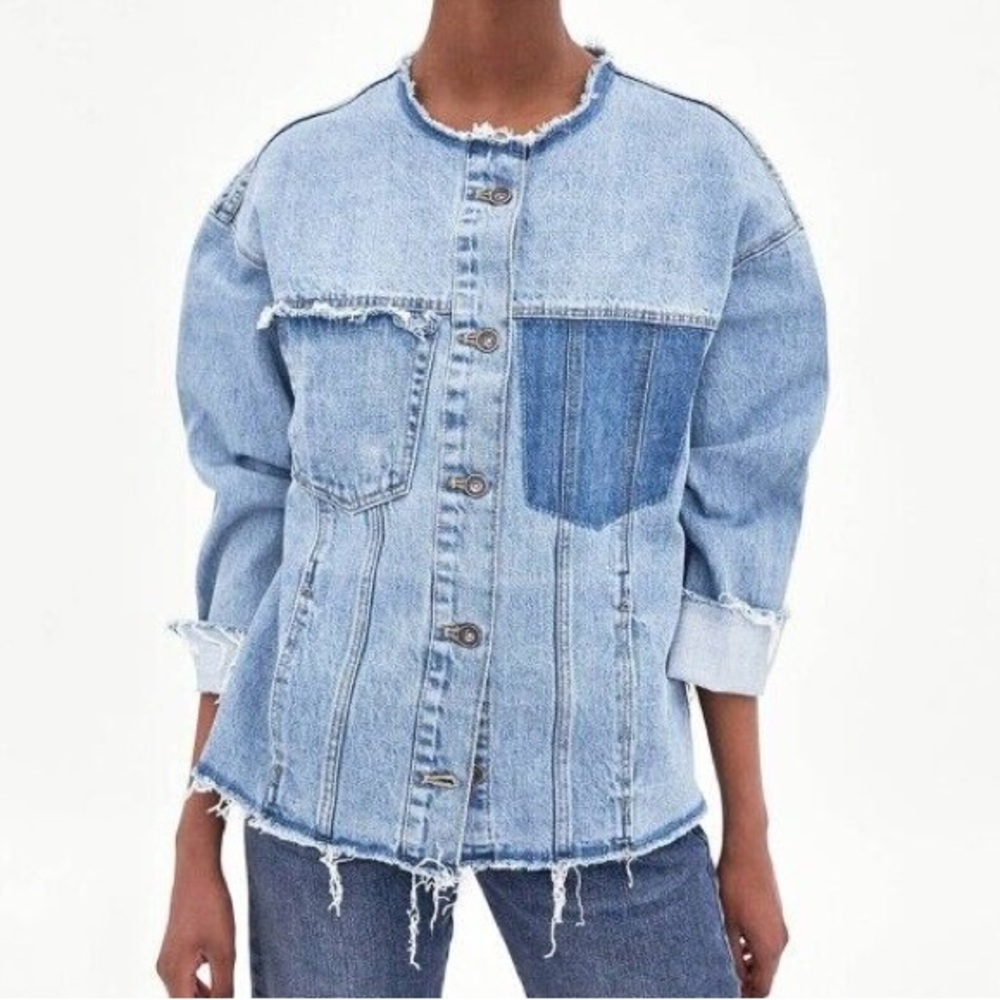 Zara TRF Oversized Collarless Distressed Jean Jacket